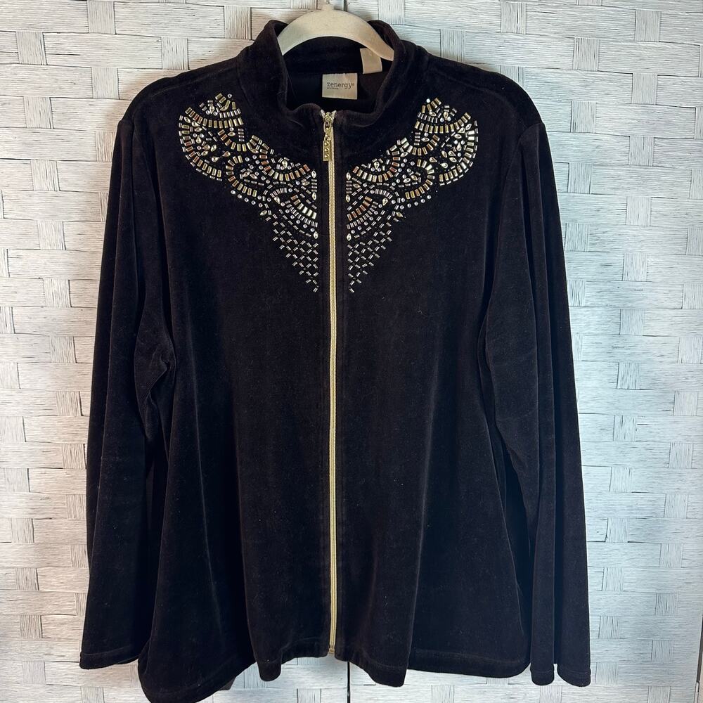 Zenergy by Chico’s velvet jacket,‎ dark brown, gold & silver sequence zip front